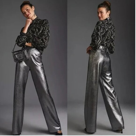 Anthropologie Pants - NWT - Anthropologie Hutch Wide Leg Silver Metallic High Waist Shine Pants XS